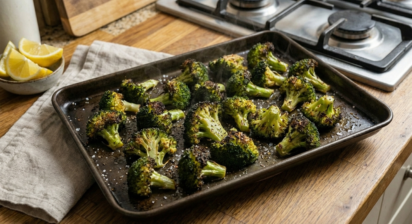 A sheet pan of roasted broccoli with caramelized edges