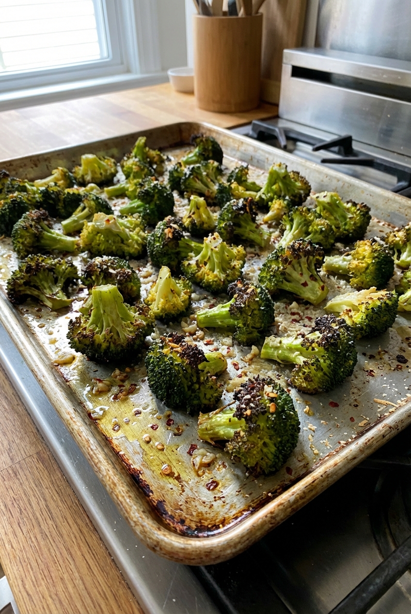 A sheet pan of roasted broccoli with crispy edges