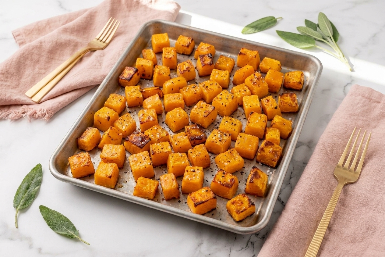 A sheet pan of roasted butternut squash cubes with caramelized edges resting on a kitchen counter
