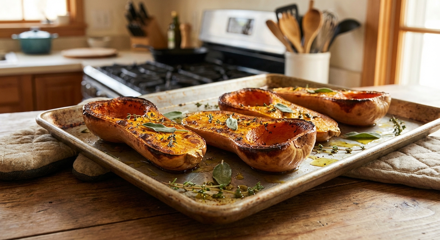 A sheet pan of roasted butternut squash halves caramelized at the edges