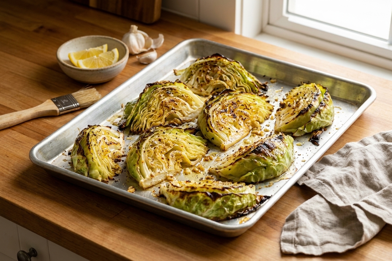 A sheet pan of roasted cabbage wedges with deeply browned edges and a glossy lemon-garlic finish, photographed on a warm kitchen counter