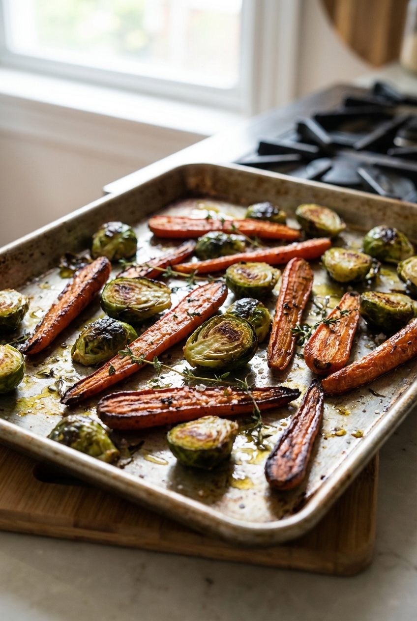A sheet pan of roasted carrots and Brussels sprouts caramelized at the edges