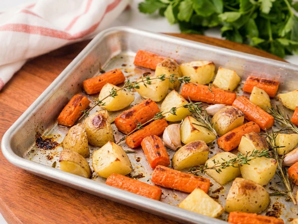 A sheet pan of roasted carrots and potatoes with browned edges