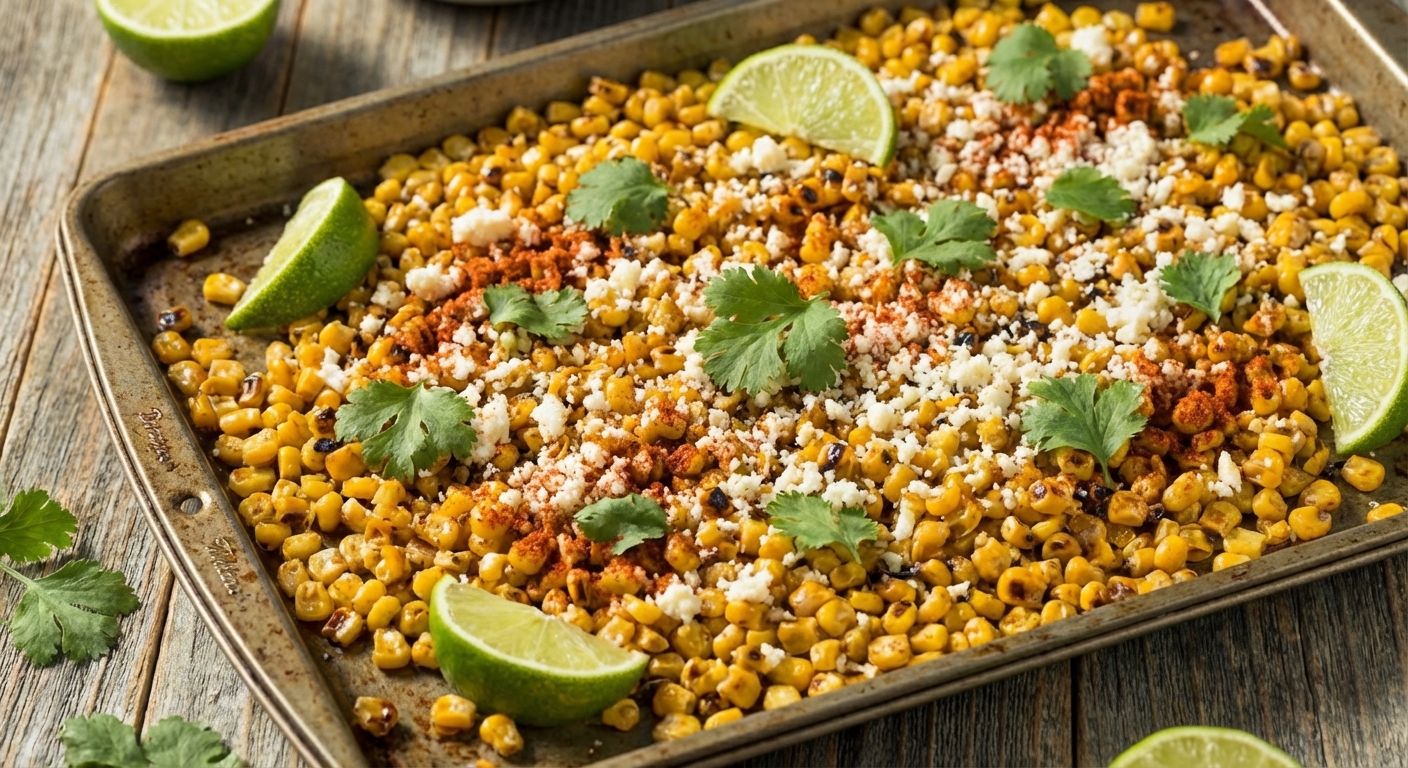 A sheet pan of roasted corn kernels with cotija cheese and chili powder