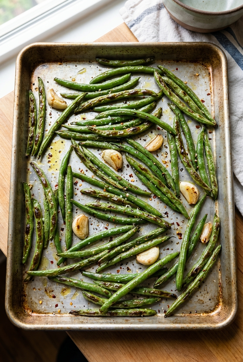 A sheet pan of roasted green beans with blistered edges and garlic