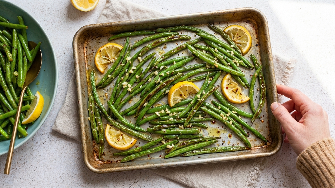 A sheet pan of roasted green beans with blistered edges, minced garlic, and lemon wedges on a kitchen counter