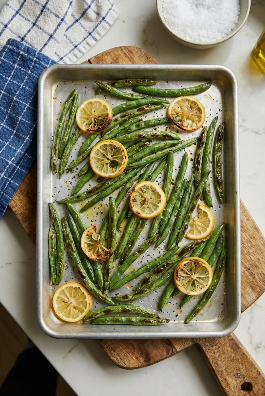 A sheet pan of roasted green beans with lemon slices and black pepper
