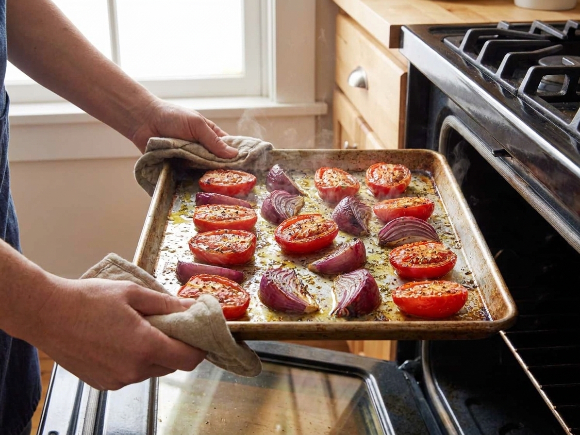 A sheet pan of roasted halved tomatoes and onion wedges with caramelized edges coming out of the oven