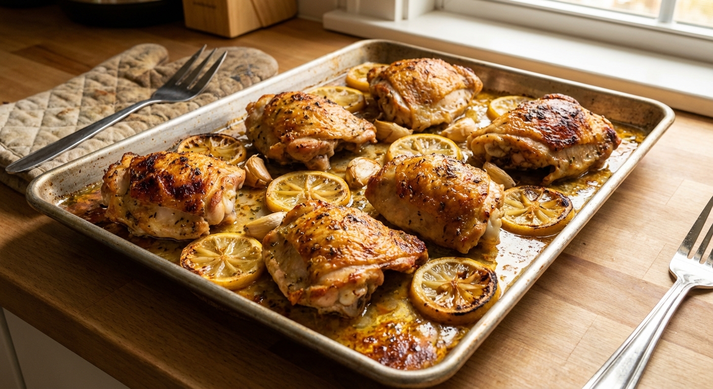 A sheet pan of roasted lemon garlic chicken thighs with browned edges and sliced lemons