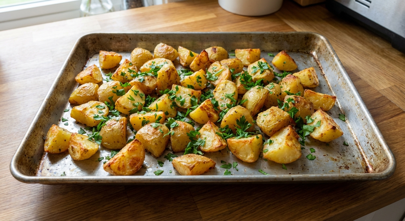 A sheet pan of roasted potatoes with crispy edges and chopped parsley