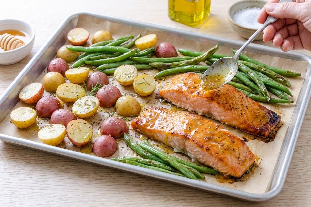 A sheet pan of roasted salmon fillets glazed with honey mustard beside blistered green beans and golden baby potatoes on parchment, warm kitchen lighting