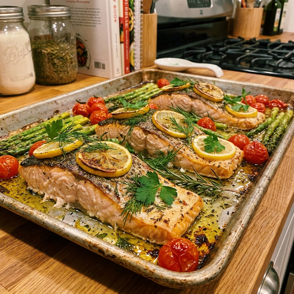A sheet pan of roasted salmon with lemon slices and herbs