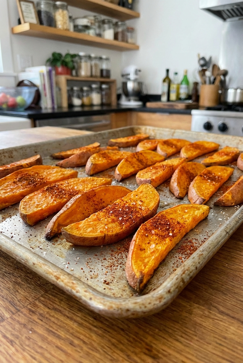 A sheet pan of roasted sweet potato wedges with chili powder
