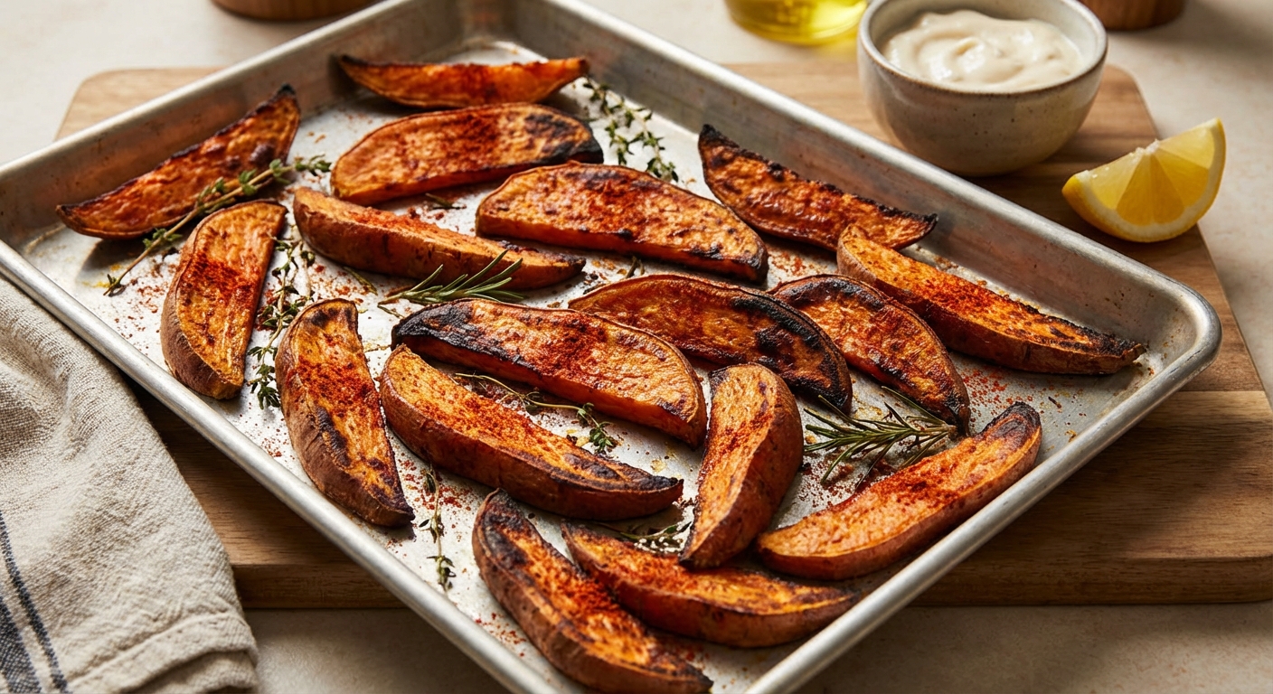A sheet pan of roasted sweet potato wedges with paprika and browned edges