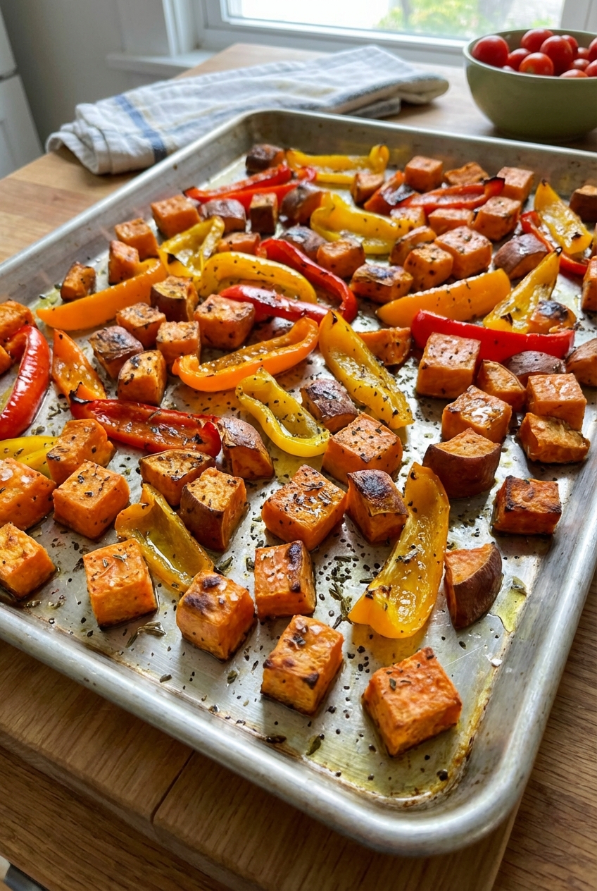A sheet pan of roasted sweet potatoes and peppers with browned edges