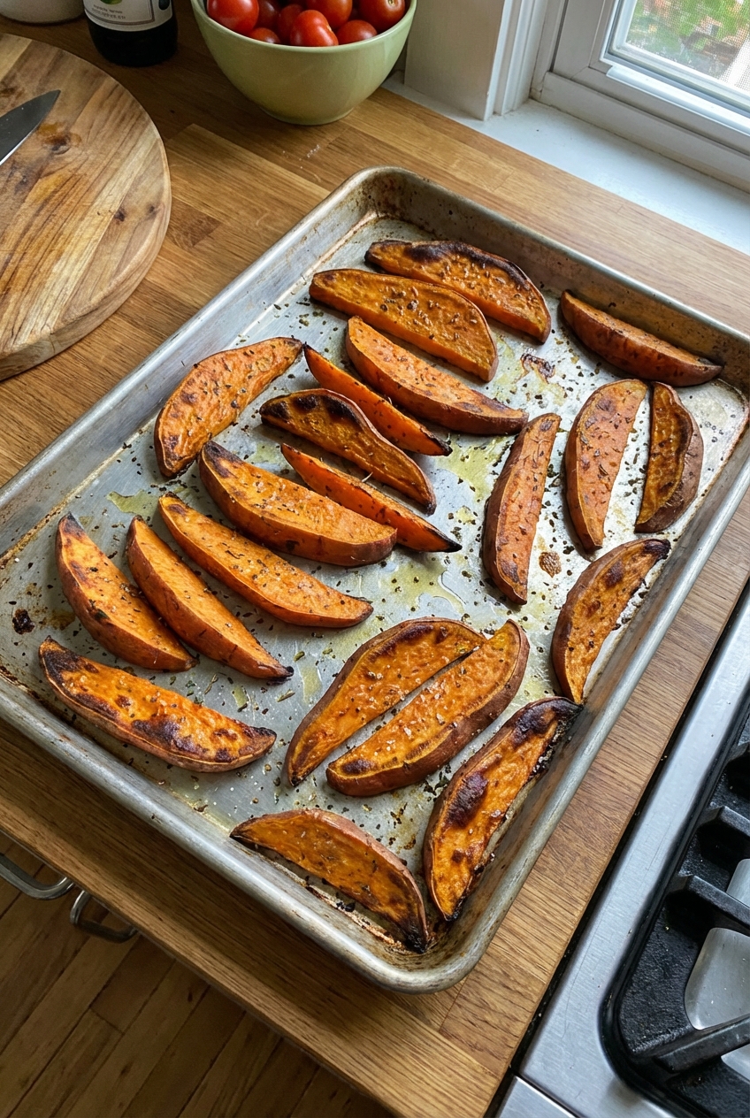 A sheet pan of roasted sweet potatoes with browned edges