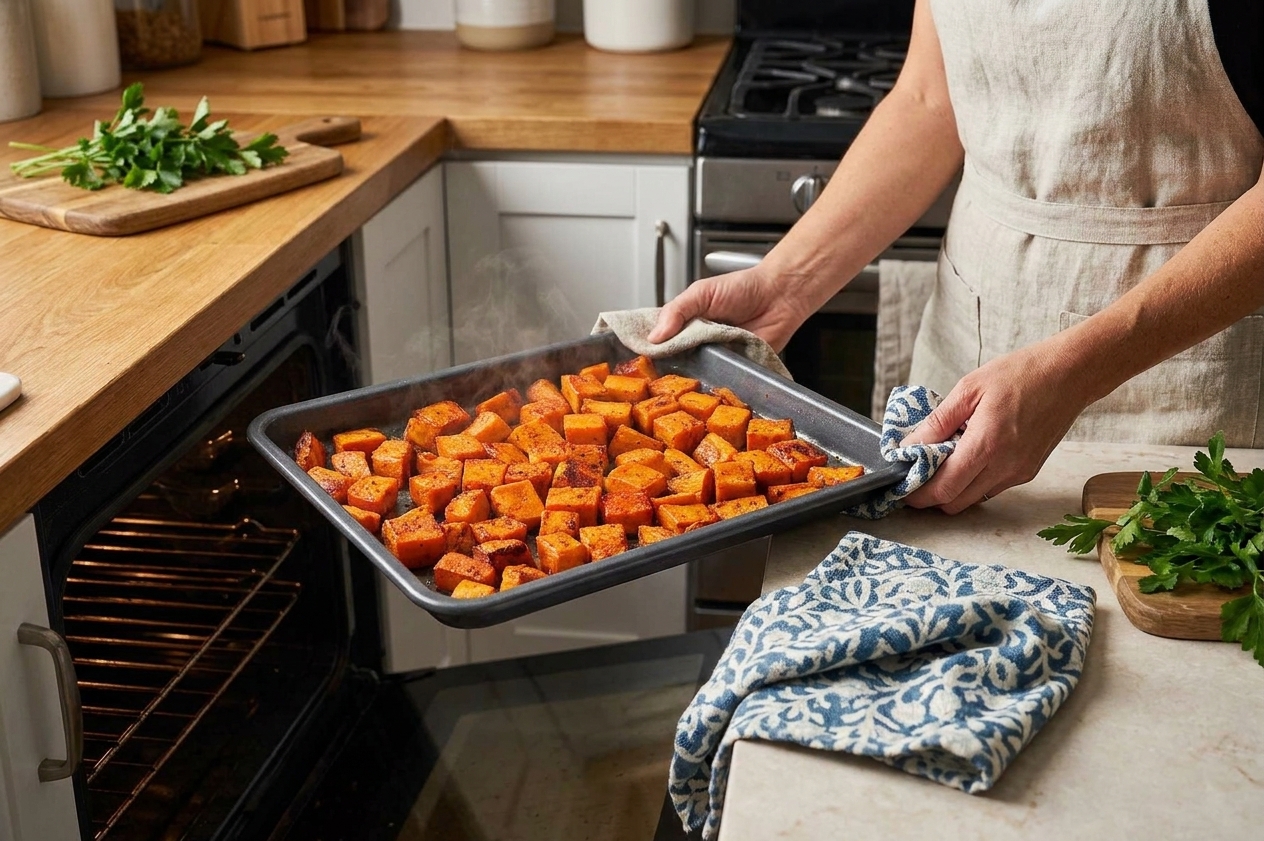 A sheet pan of roasted sweet potatoes with browned edges being pulled from the oven