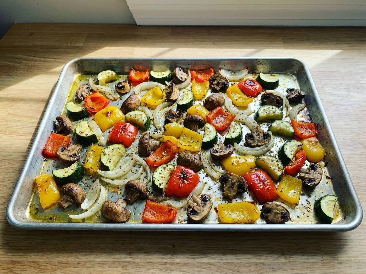 A sheet pan of roasted zucchini, bell peppers, mushrooms, and onions with browned edges, resting on a kitchen counter