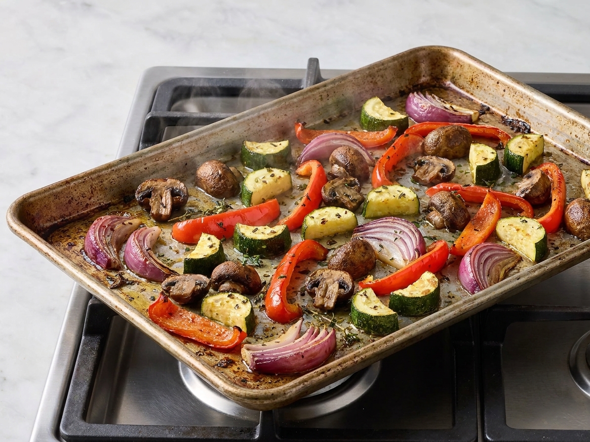 A sheet pan of roasted zucchini, mushrooms, red bell pepper, and red onion with browned edges, fresh out of the oven on a stovetop