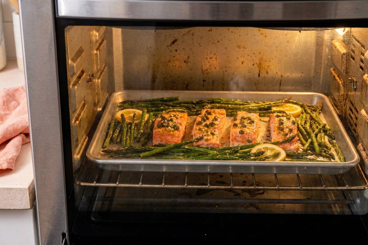 A sheet pan of salmon fillets baking on the middle rack of a home oven