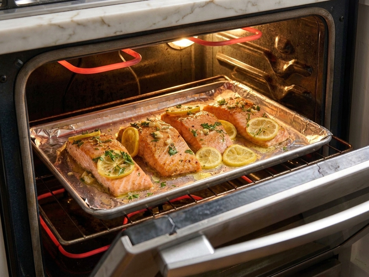 A sheet pan of salmon fillets cooking on the top rack under an oven broiler with the oven door slightly open, warm kitchen lighting