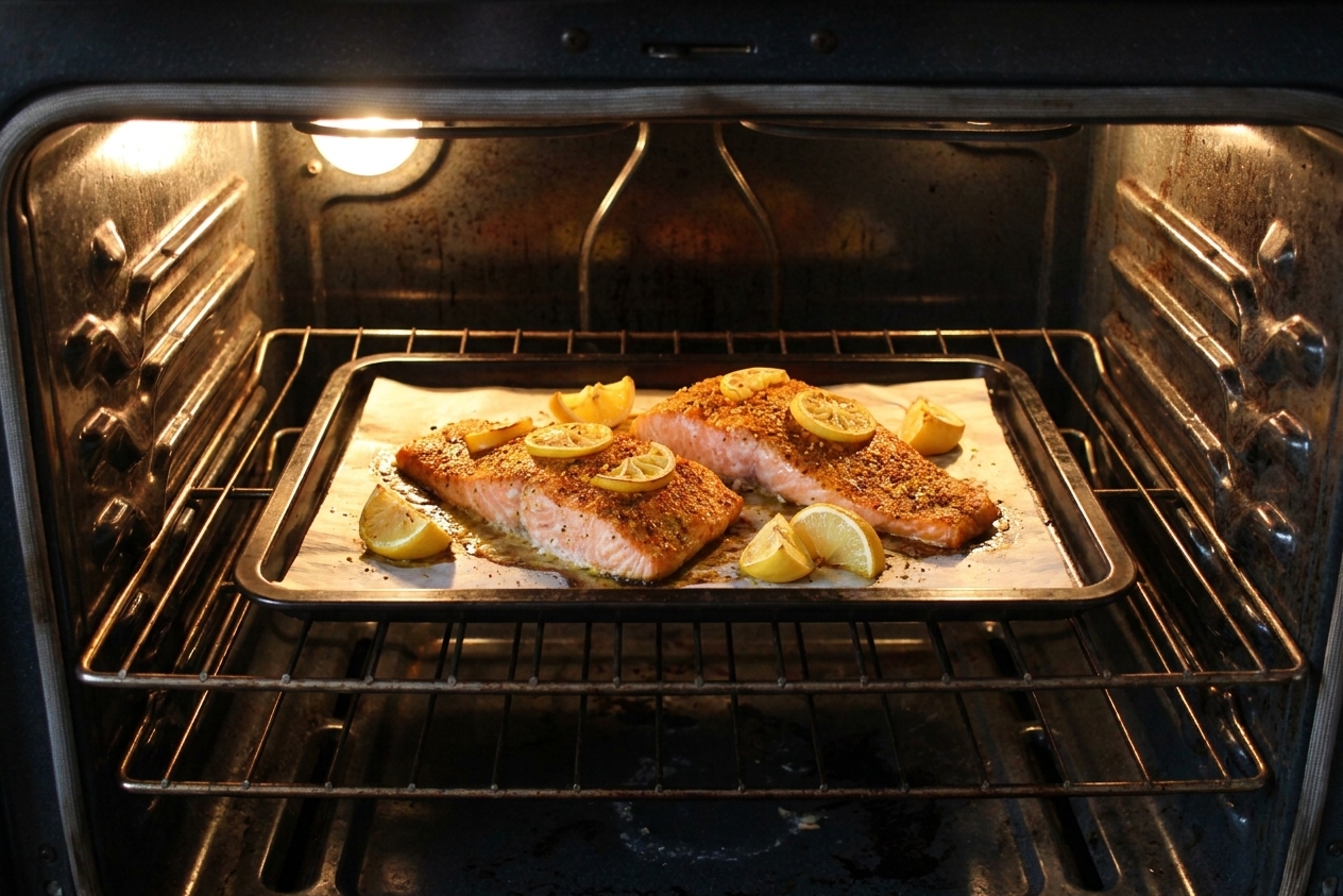 A sheet pan of salmon fillets roasting in an oven with lemon wedges