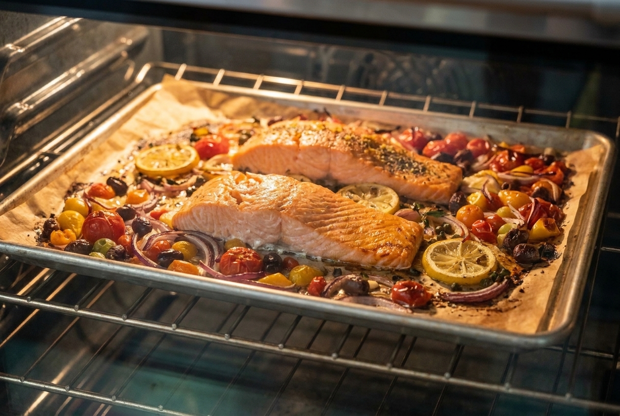 A sheet pan of salmon fillets roasting in an oven with lightly browned edges