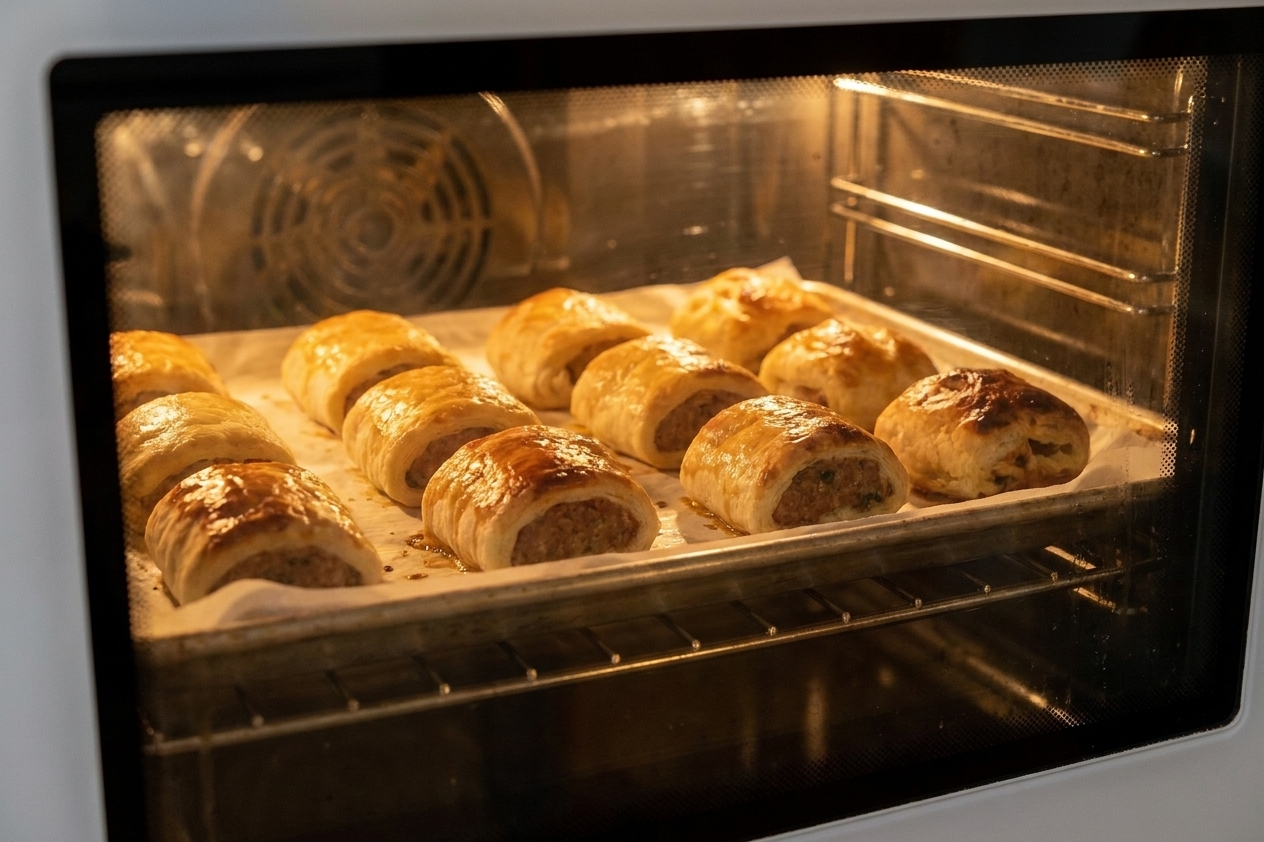 A sheet pan of sausage rolls baking in an oven with pastry puffed and turning golden, viewed through the oven door window