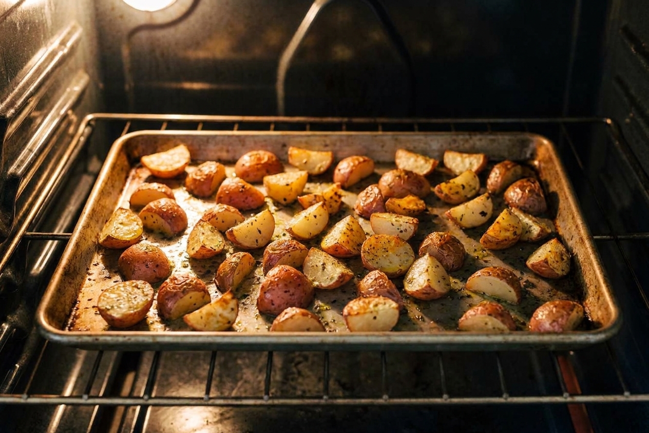 A sheet pan of scarlet potatoes roasting in an oven, edges turning golden and crisp