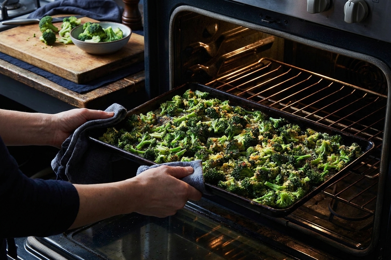A sheet pan of seasoned broccoli being slid into a hot oven, showing the broccoli spaced out for roasting