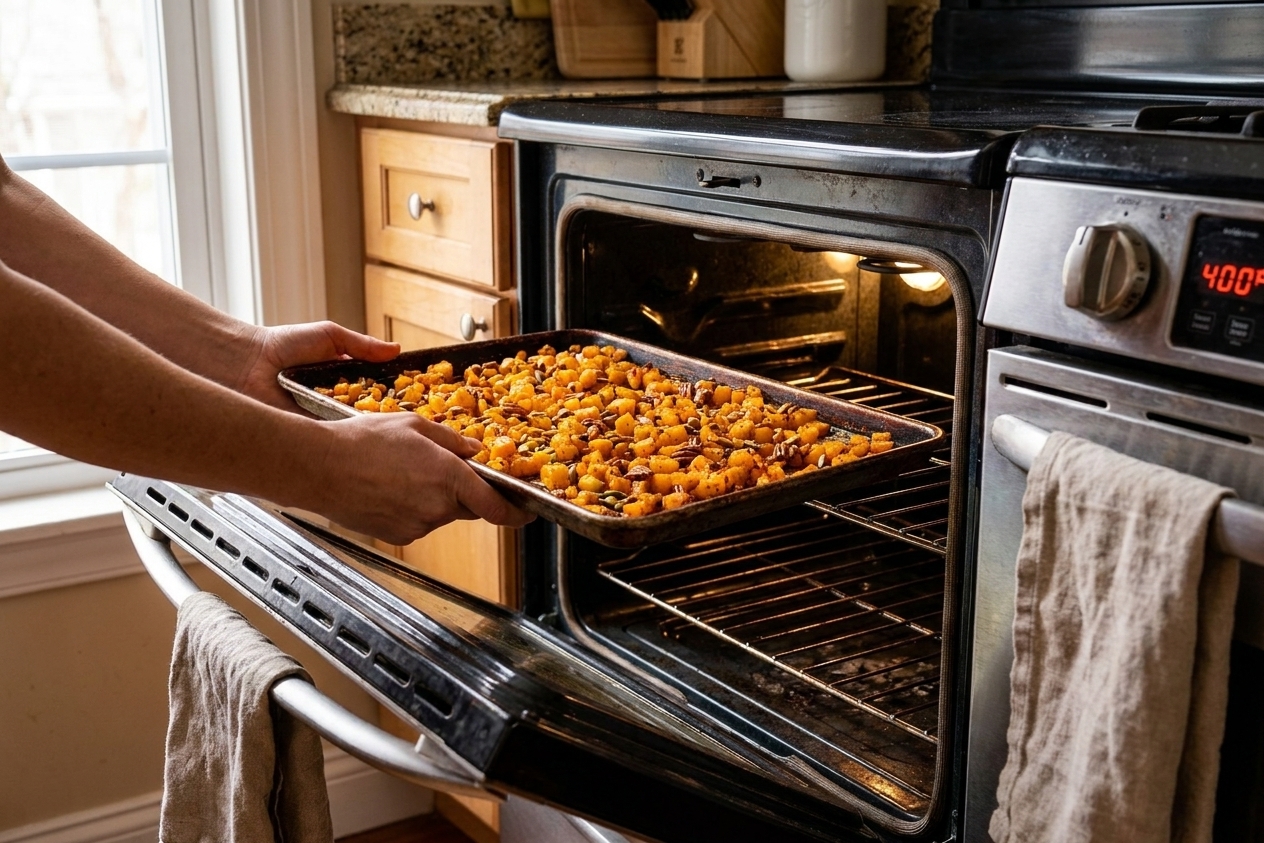 A sheet pan of seasoned butternut squash cubes being placed into a preheated oven in a home kitchen