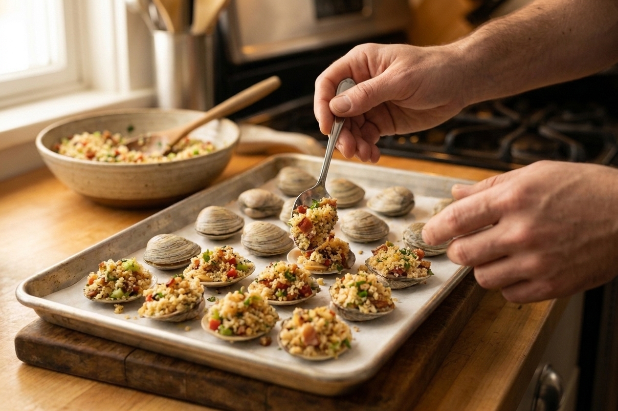A sheet pan of shucked clams being topped with a bacon and breadcrumb mixture in a home kitchen