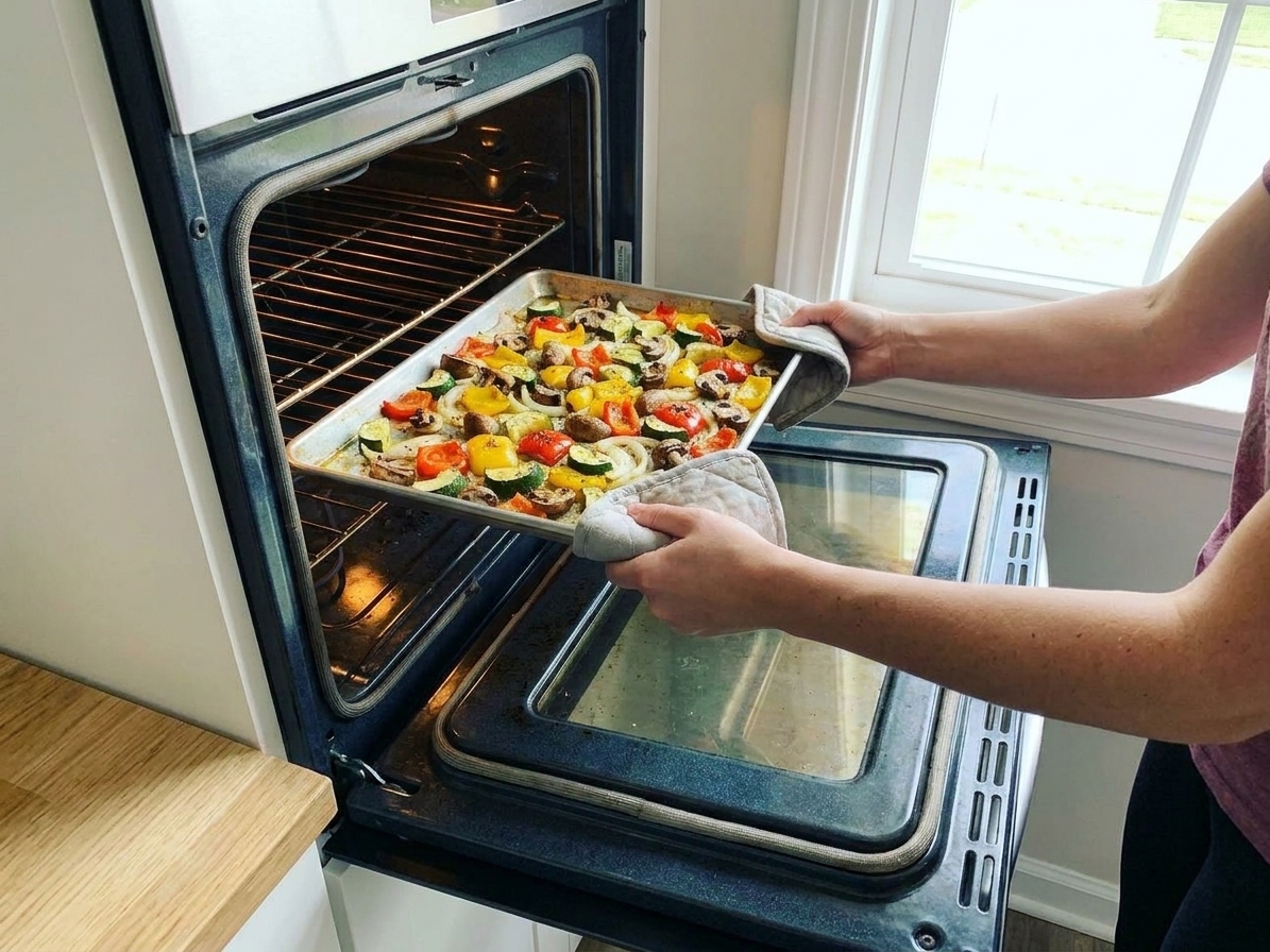 A sheet pan of sliced zucchini, mushrooms, peppers, and onions being slid into a home oven