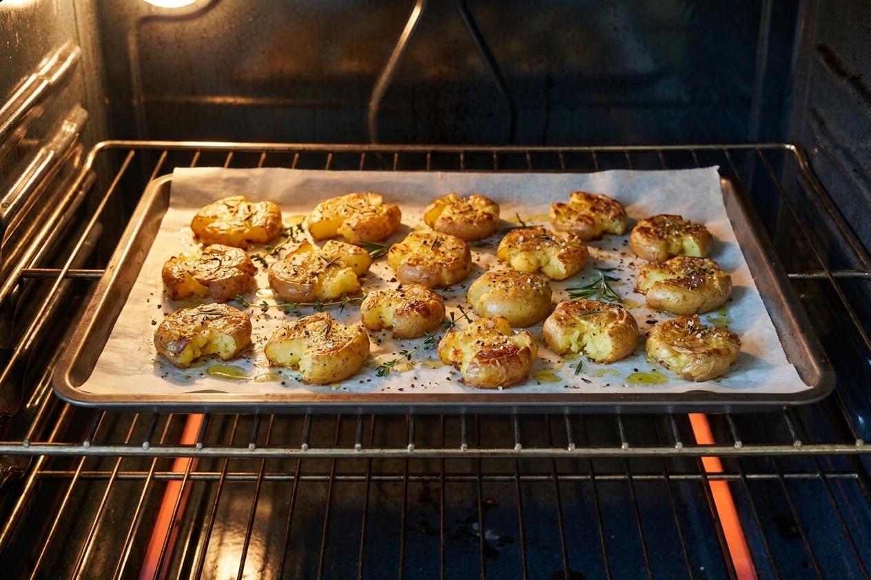 A sheet pan of smashed Yukon Gold potatoes roasting on the middle rack of a home oven, edges turning golden brown