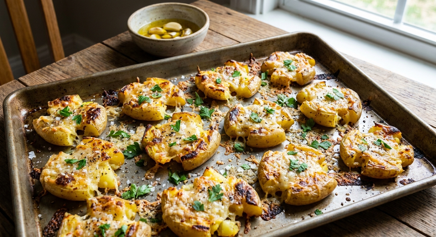 A sheet pan of smashed Yukon gold potatoes roasted until crisp with melted Parmesan and golden edges, with a small bowl of garlic olive oil in the background, real food photography