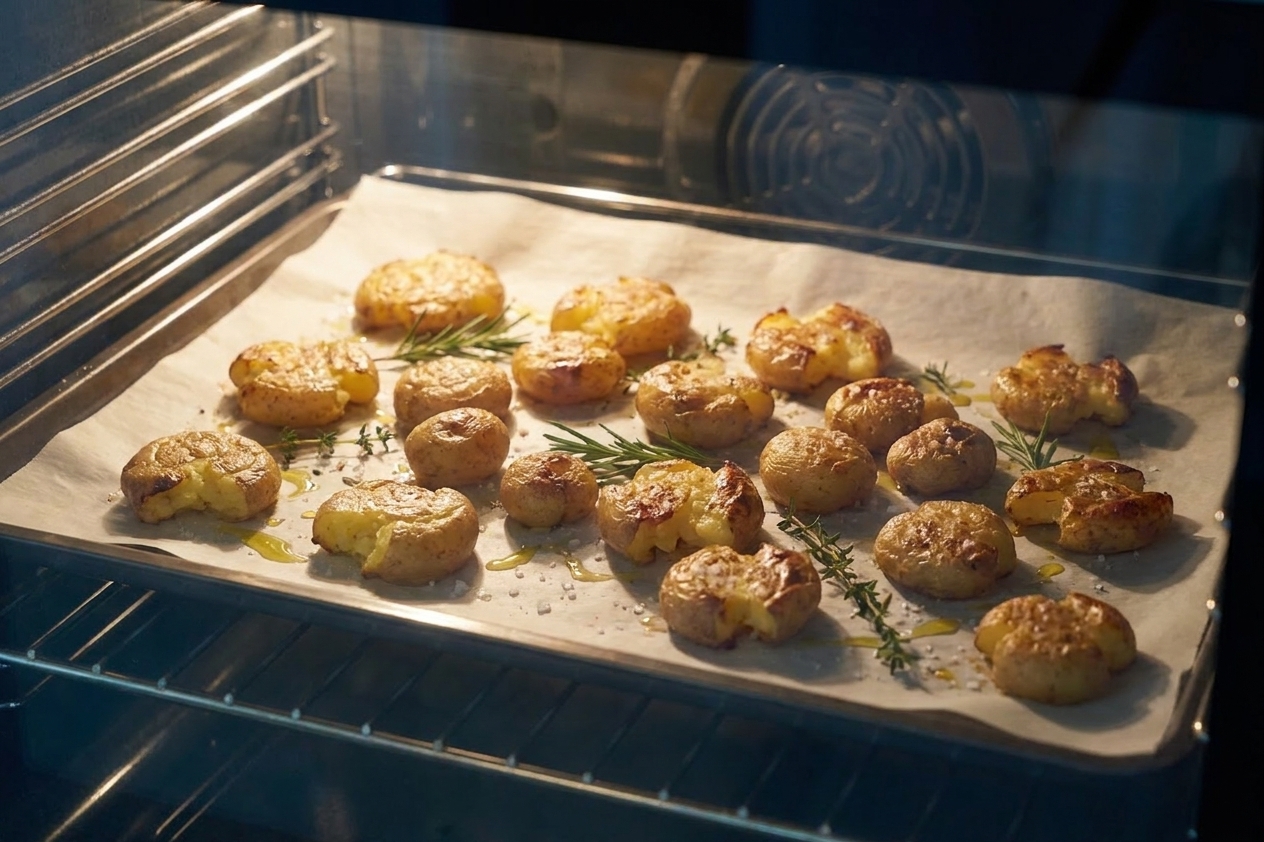 A sheet pan of smashed small potatoes roasting in an oven, turning golden with crisp edges