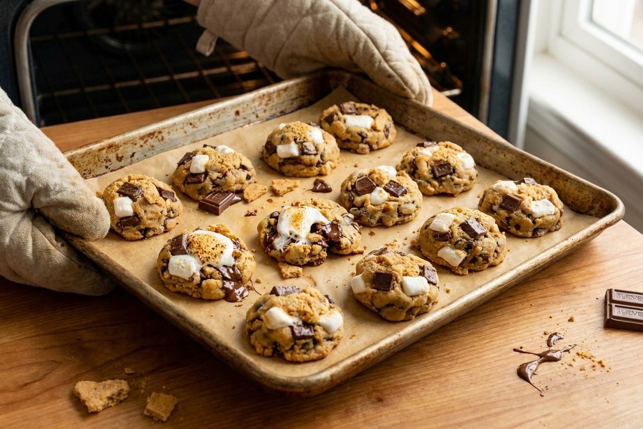 A sheet pan of s’mores cookies fresh from the oven with golden toasted marshmallow tops and melted chocolate