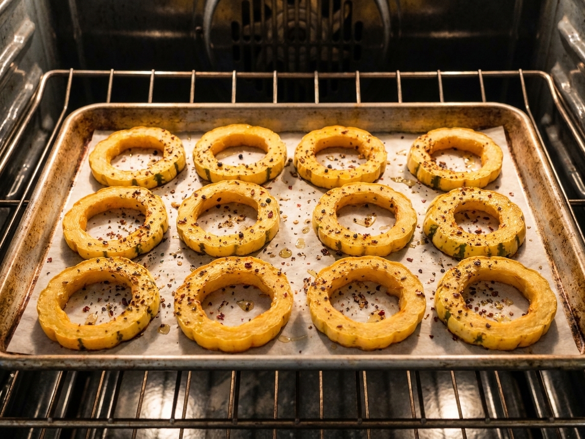 A sheet pan of squash rings roasting in the oven with edges starting to caramelize
