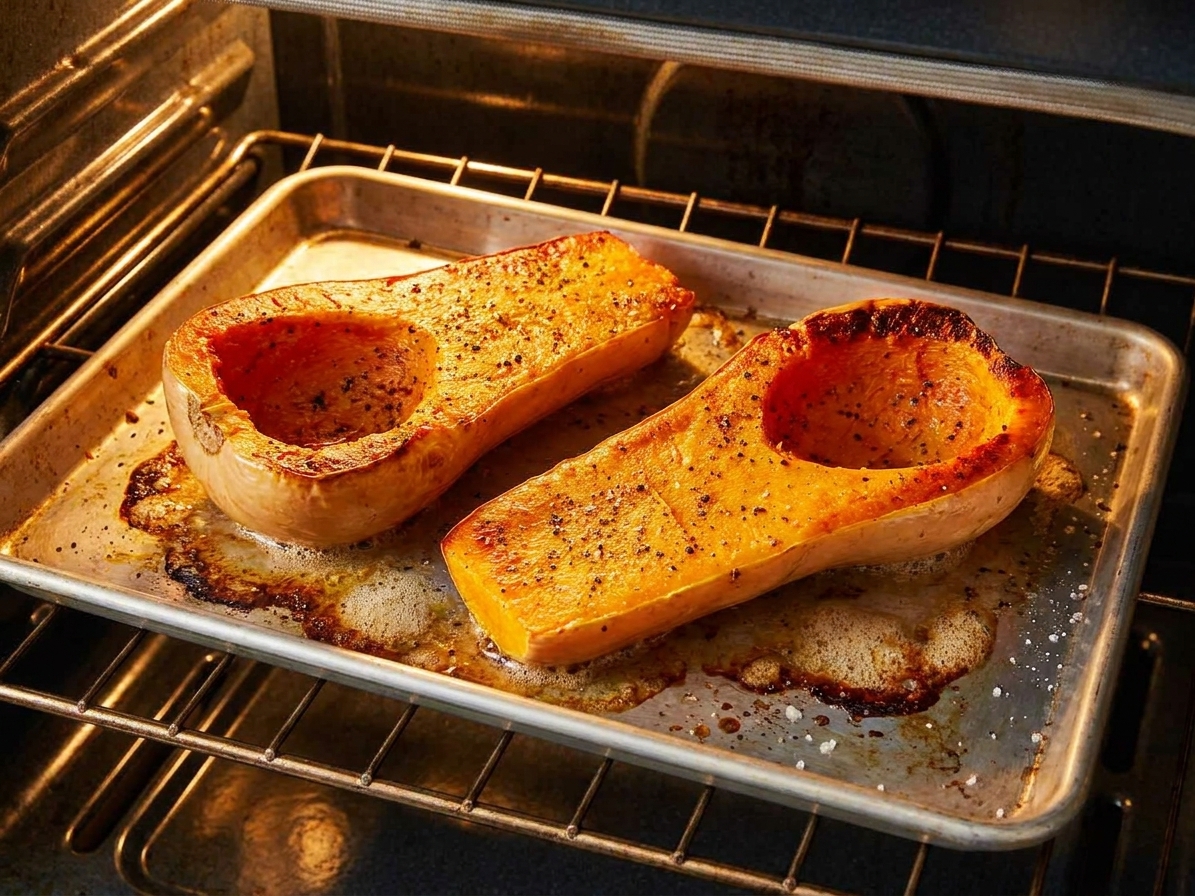 A sheet pan of squash roasting in an oven, edges starting to caramelize with visible cracked black pepper and browned butter spots