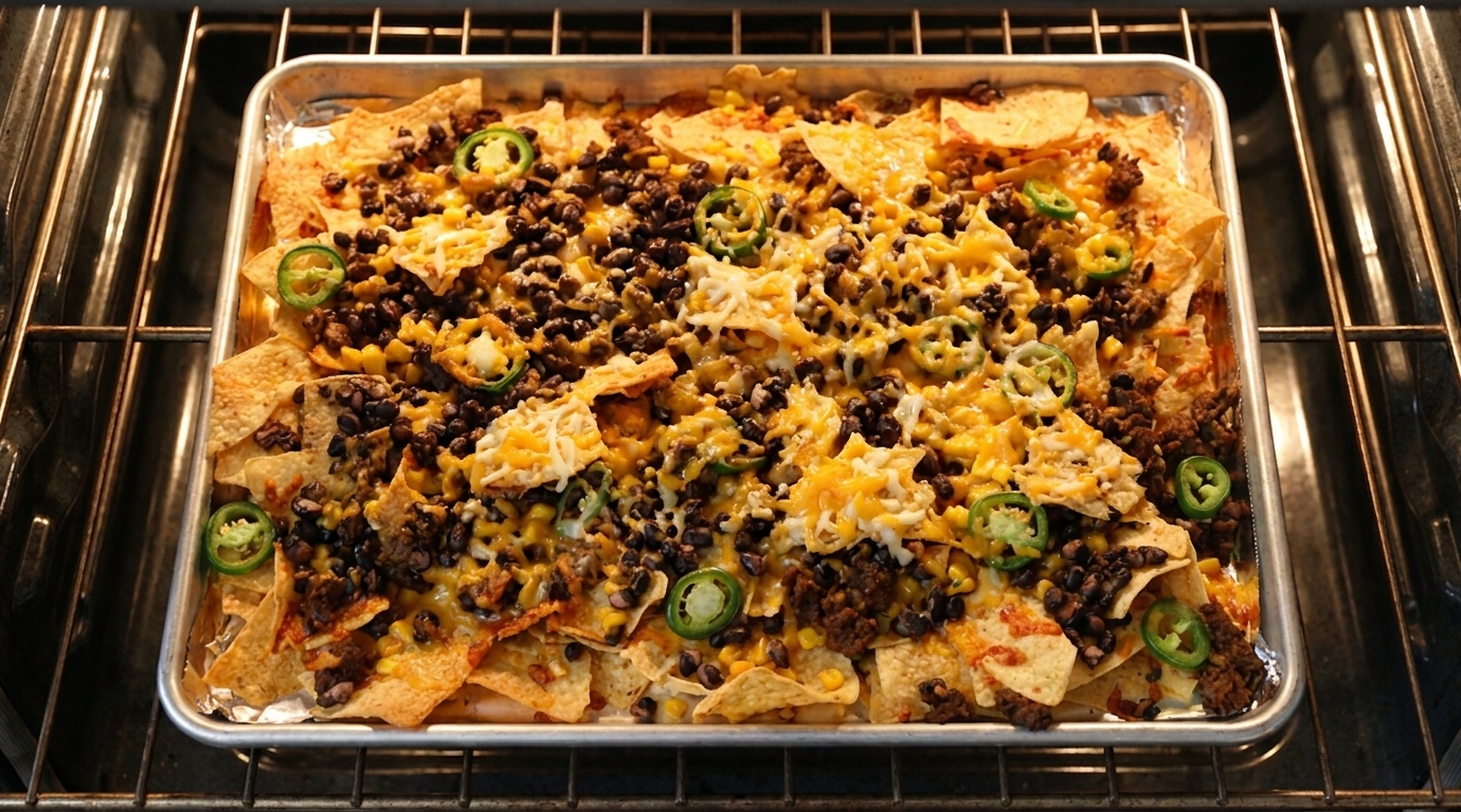 A sheet pan of stacked nachos with melting cheese halfway through baking on an oven rack, warm kitchen lighting