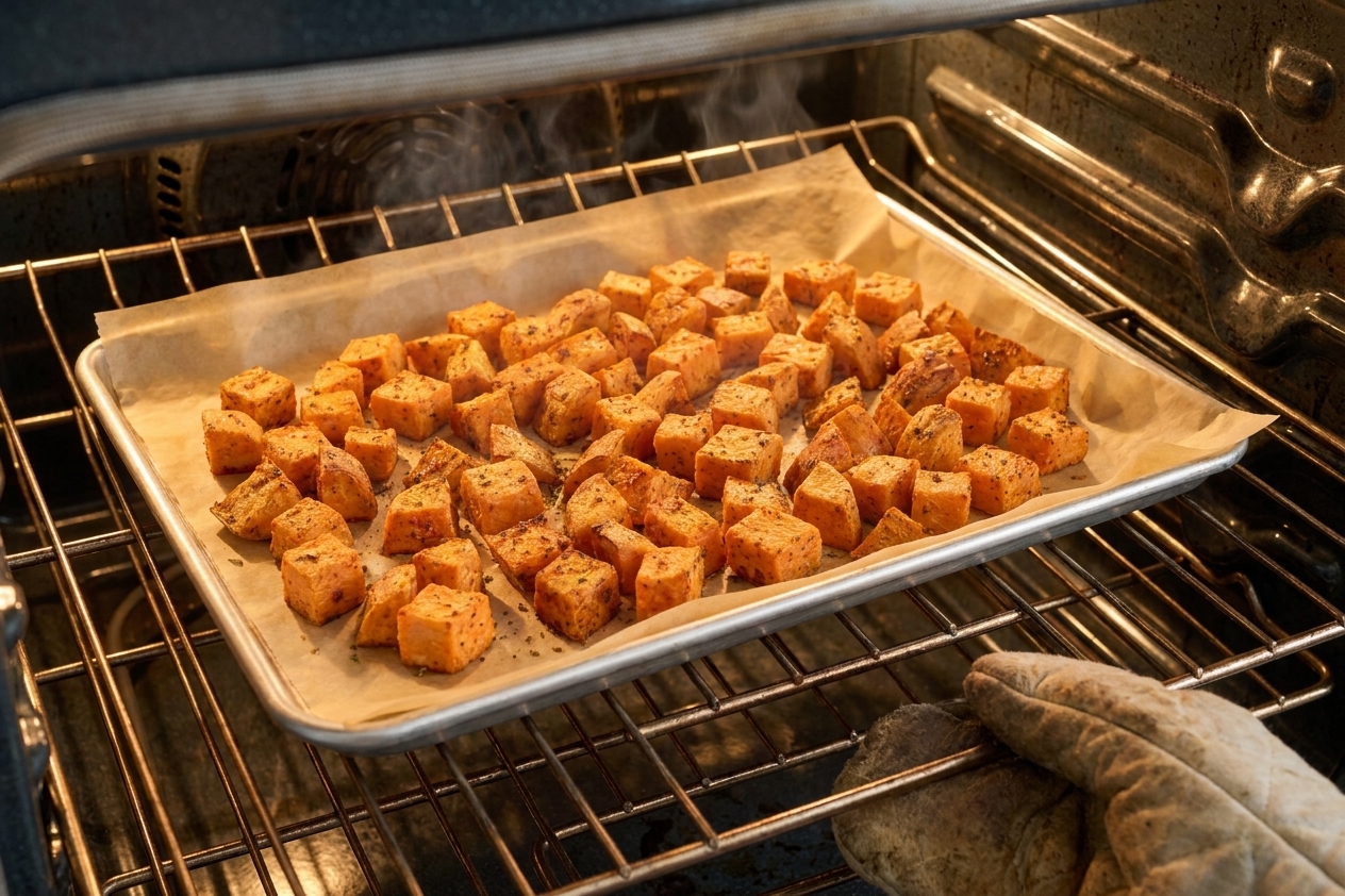 A sheet pan of sweet potato cubes roasting on an oven rack with browned edges starting to form