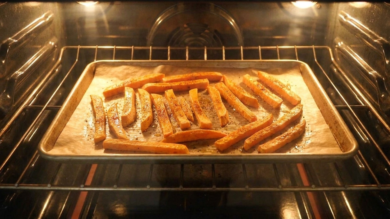 A sheet pan of sweet potato fries roasting on the middle rack of an oven with warm light glowing