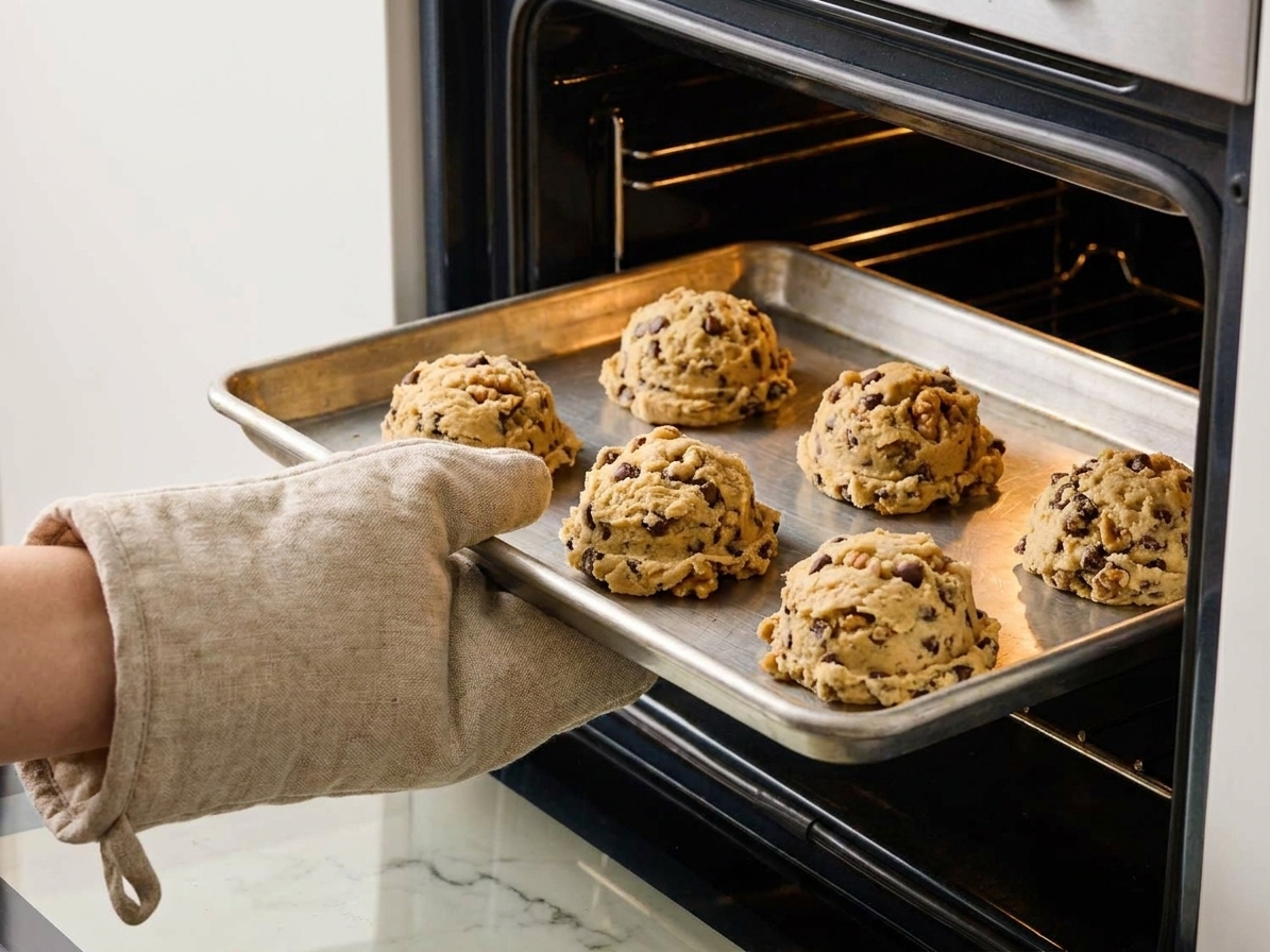 A sheet pan of thick chocolate chip walnut cookie dough mounds being slid into a hot oven