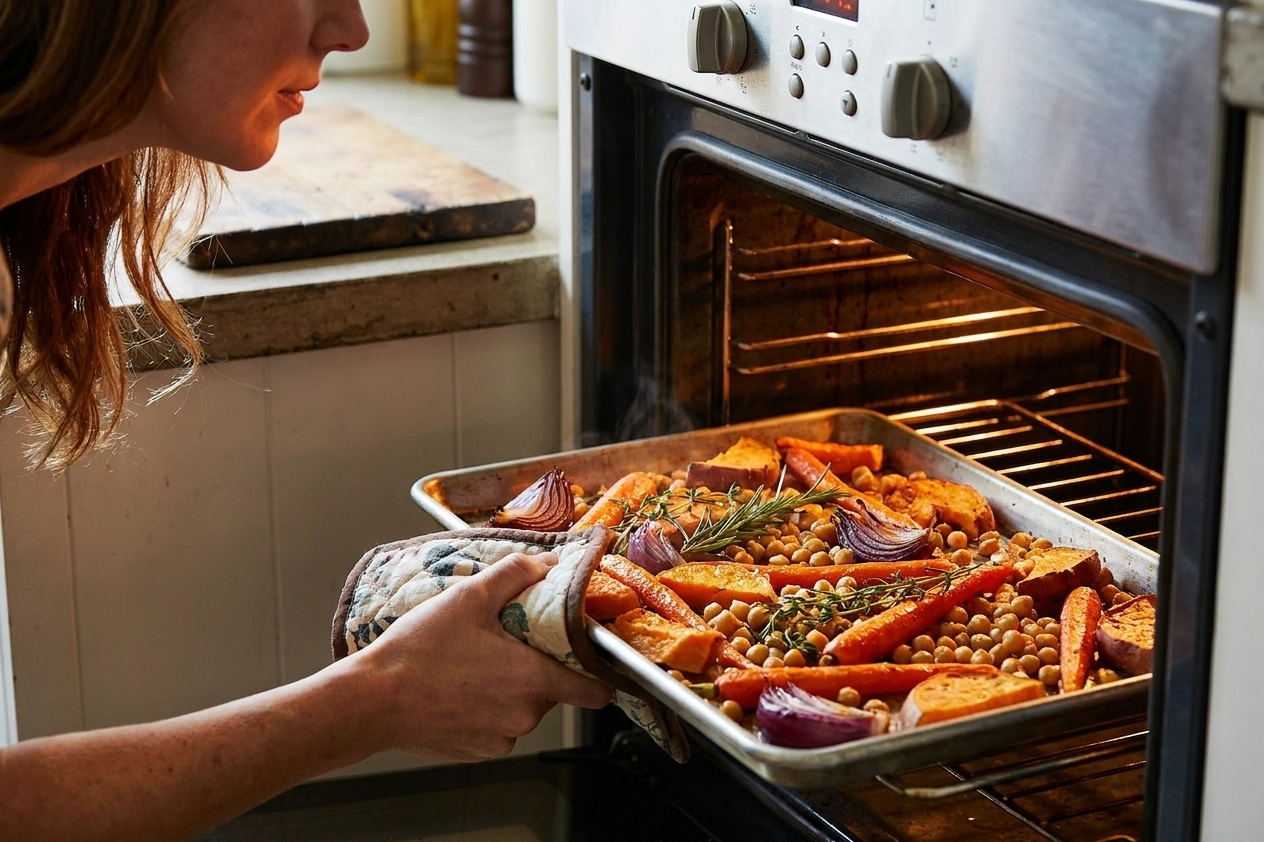 A sheet pan of vegetables and chickpeas being slid into a preheated oven with warm kitchen lighting