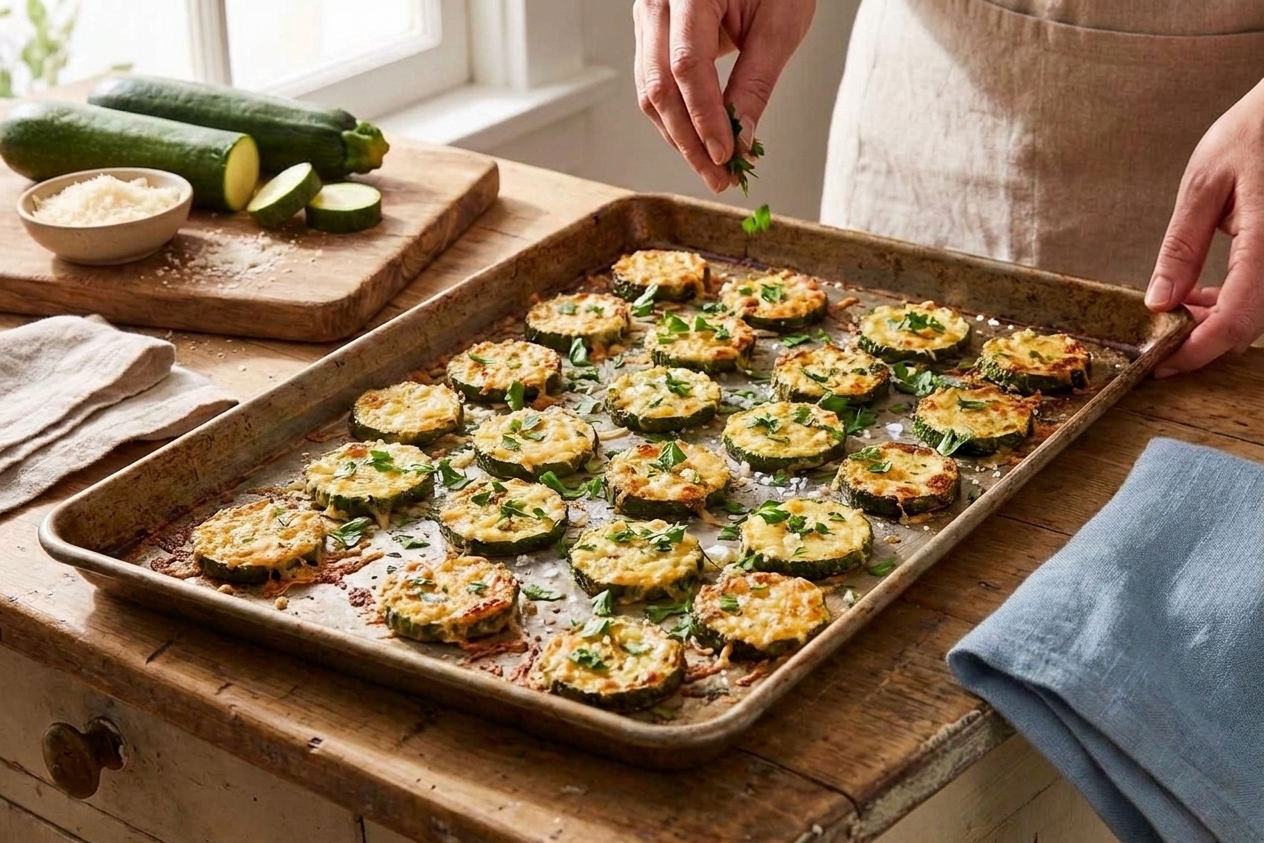 A sheet pan of zucchini rounds roasting on an oven rack with Parmesan turning golden, warm kitchen lighting