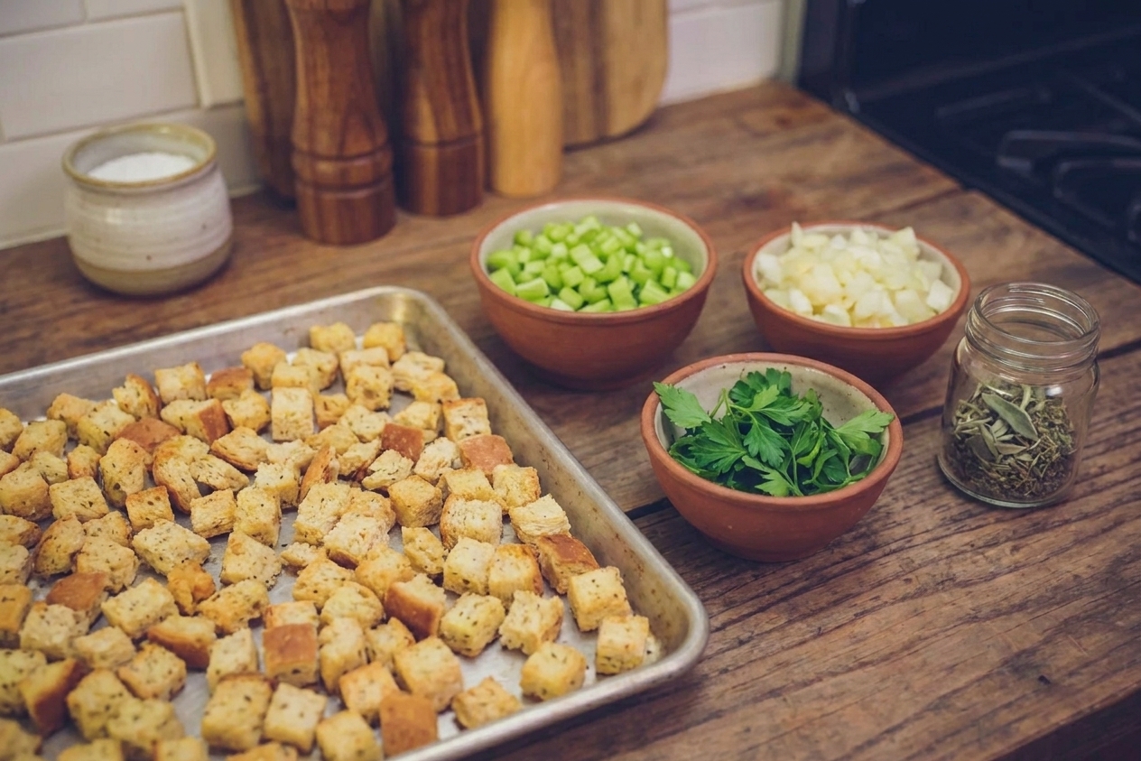 A sheet pan on a kitchen counter holding dried bread cubes with bowls of chopped celery, chopped onion, fresh parsley, and dried herbs nearby