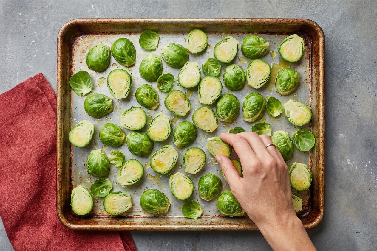 A sheet pan with Brussels sprouts halved and spread out cut side down, lightly coated in olive oil, ready to roast on a kitchen counter
