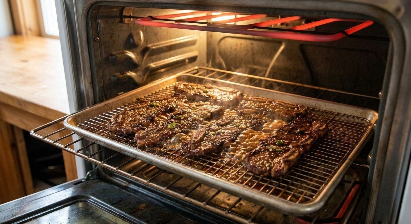 A sheet pan with a rack holding Korean short ribs under an oven broiler, showing bubbling marinade glaze on the surface