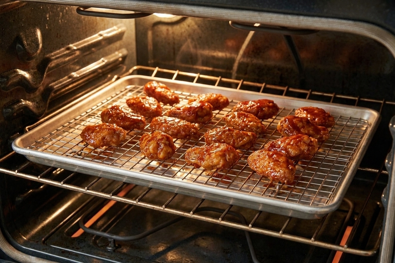 A sheet pan with a wire rack holding leftover boneless wings being reheated in a home oven