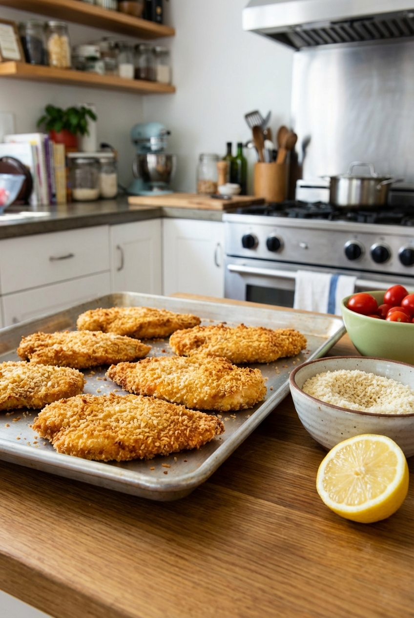 A sheet pan with breaded chicken cutlets baked until golden brown, with a small bowl of breadcrumbs and a lemon half on the side